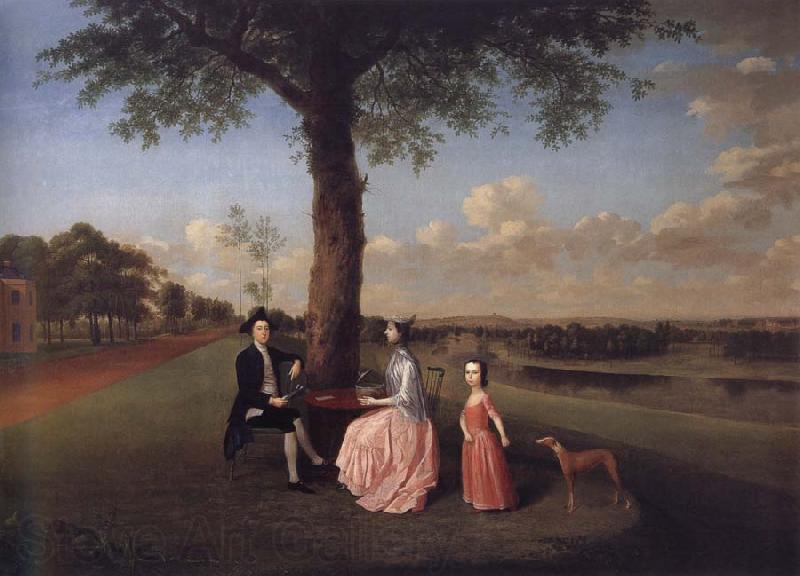 Arthur Devis Henry Fiennes Clinton,9th Earl of Lincoln,with his wife,Catherine and his son,George,on the great terrace at Oatlands Norge oil painting art